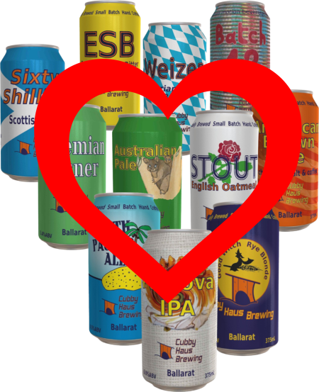 Cubby Haus beer cans with love heart