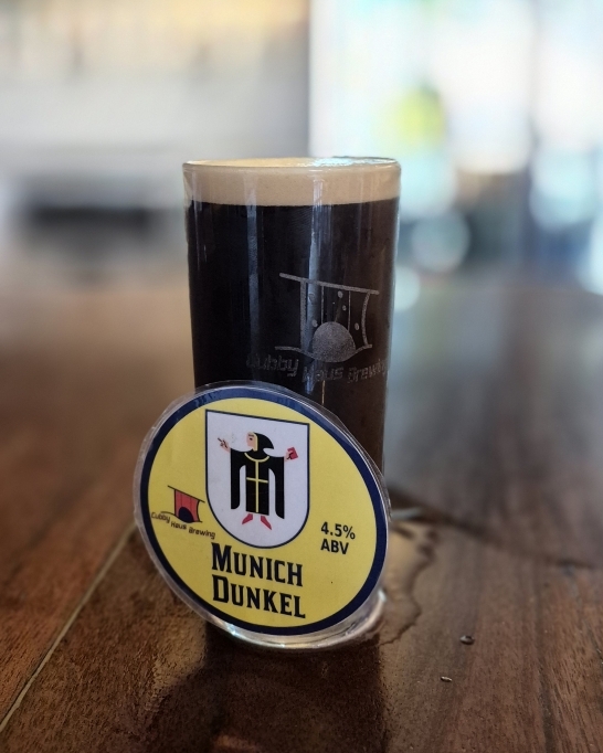Munich Dunkel in a glass with decal attached