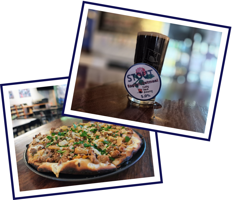photos of our pork & fennel pizza and another of our oatmeal stout