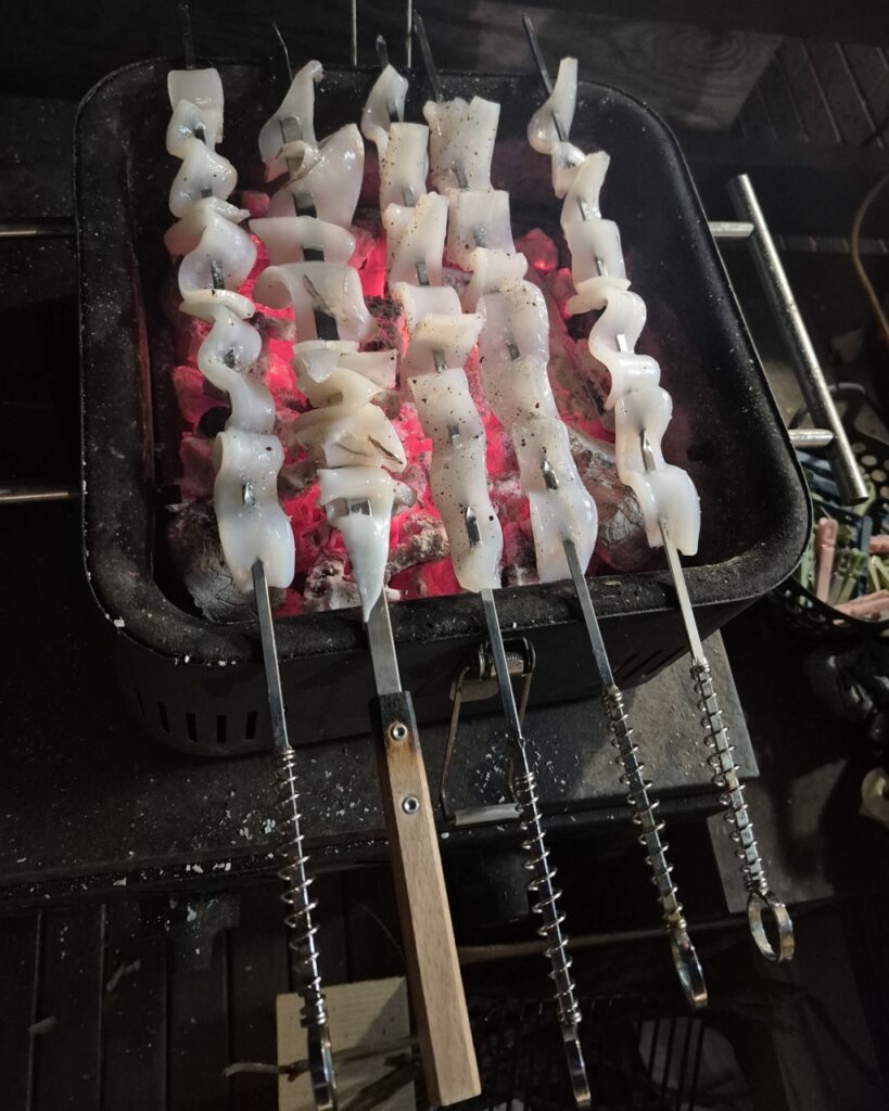 Calamari skewers on hibachi
