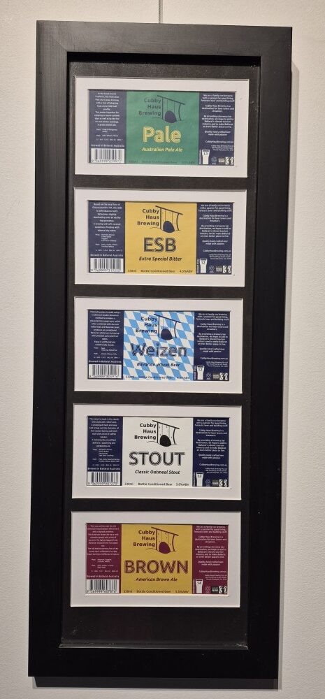 Original 5 stubby labels in a black frame. Australian Pale Ale, Extra Special Bitter, Weizen, English Oatmeal Stout, American Brown Ale